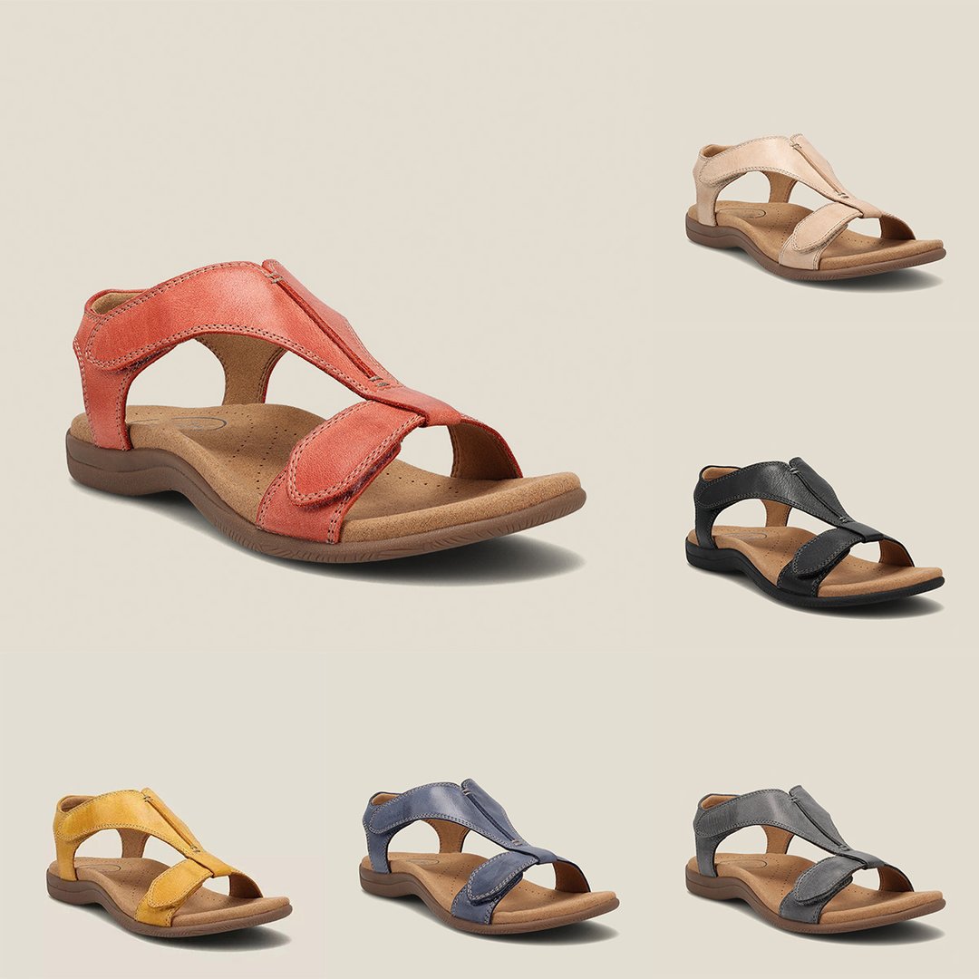 Orthopedische leren sandalen voor dames, elegant ontwerp met anatomisch voetbed, in verschillende kleuren beschikbaar.
