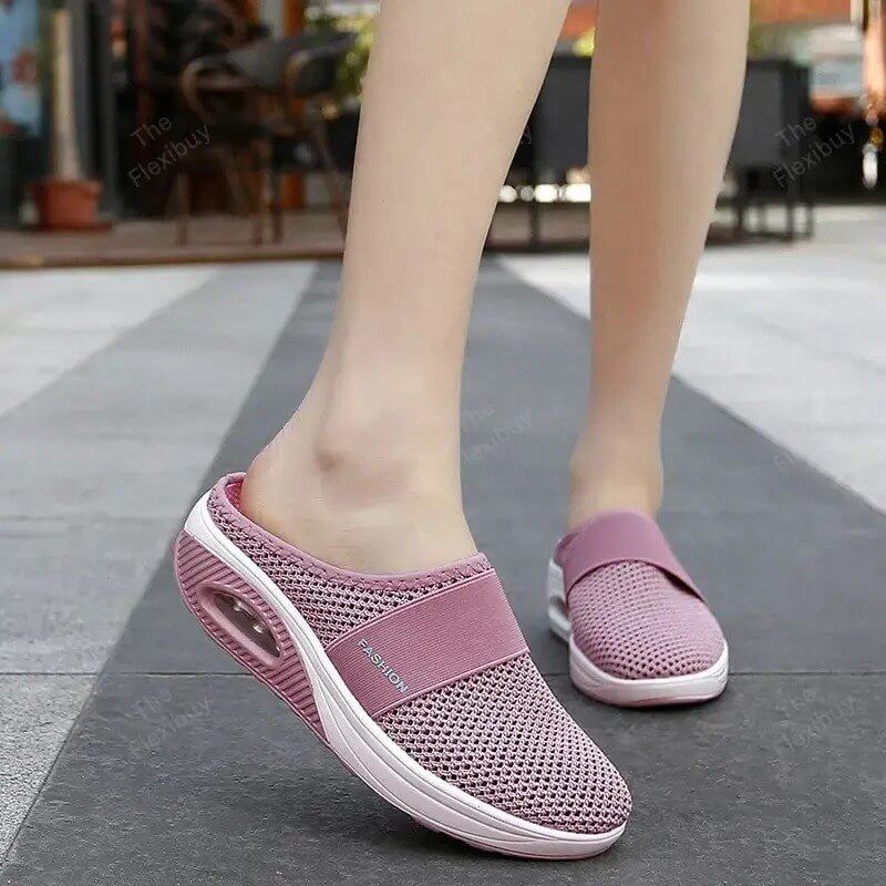 "Orthopedische luchtkussen sneakers, ademend mesh, ronde teen, comfortabele dames schoenen, zijaanzicht"