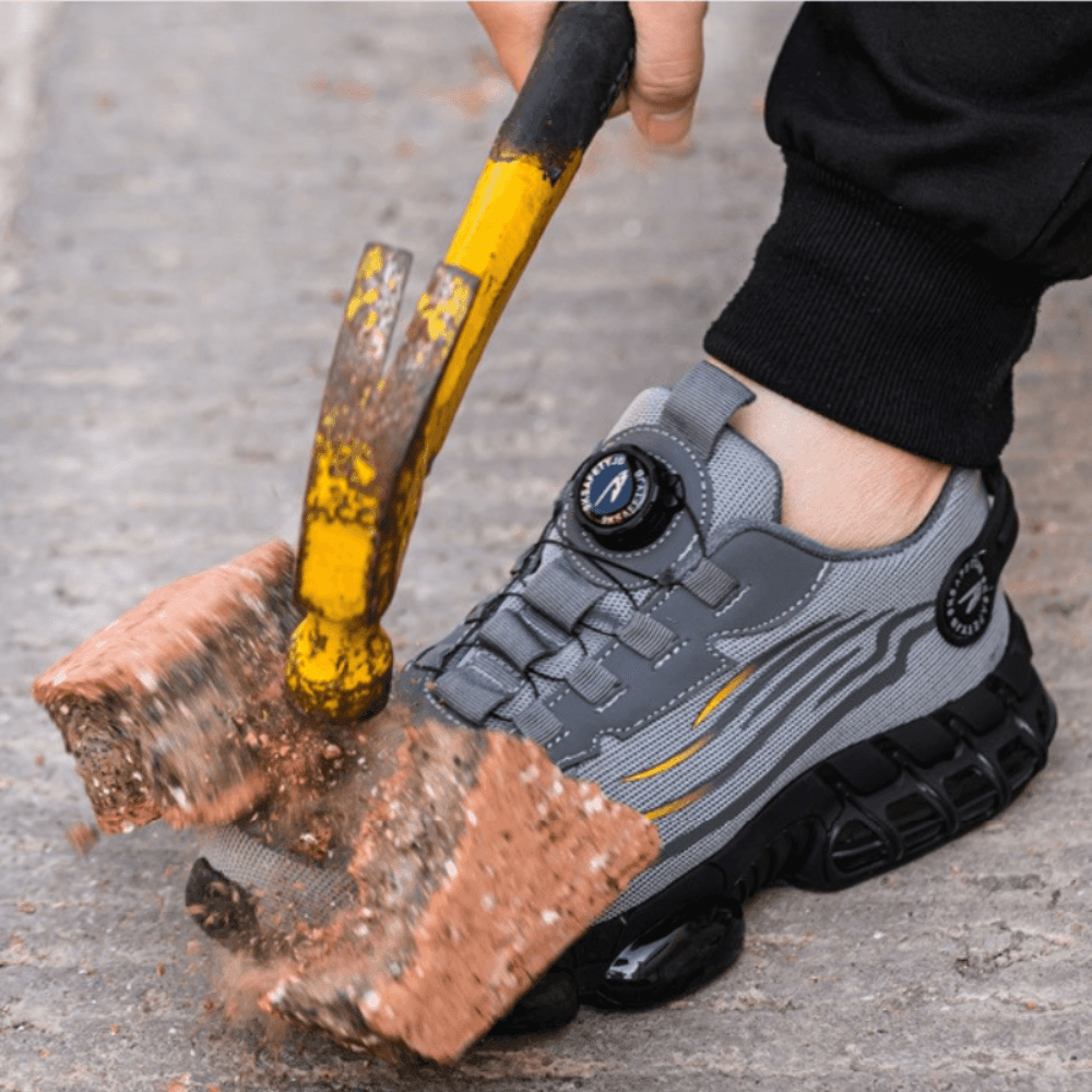 "Orthopedische veiligheidsschoenen voor heren, comfortabel ontwerp met brede teenkap, stalen neus en antislipzool."