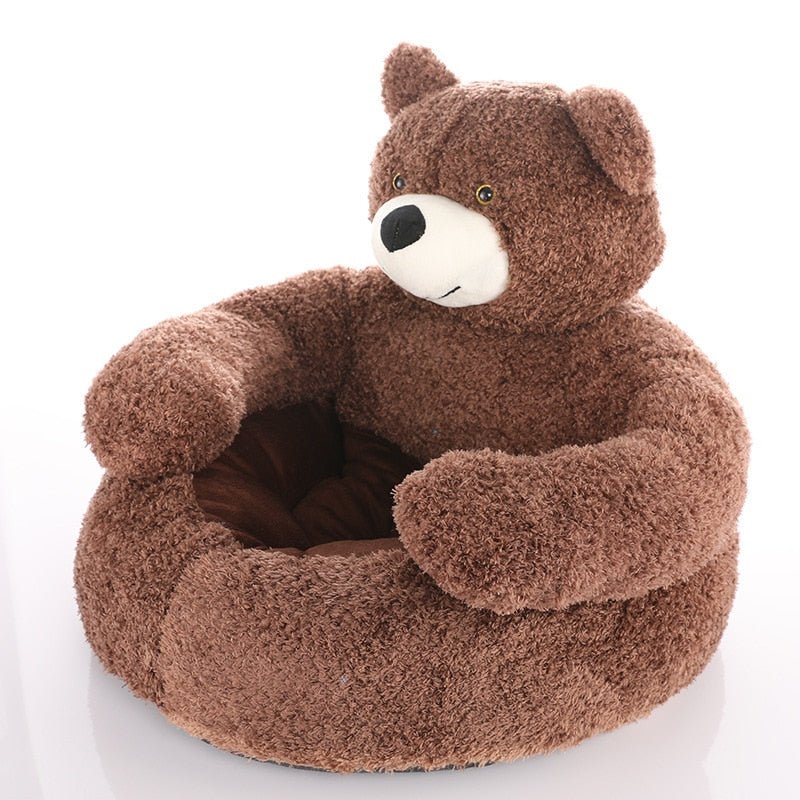 "Pluizig teddybeer huisdierenbed in bruin voor comfort en veiligheid, zachte bekleding en knuffelbaar ontwerp."
