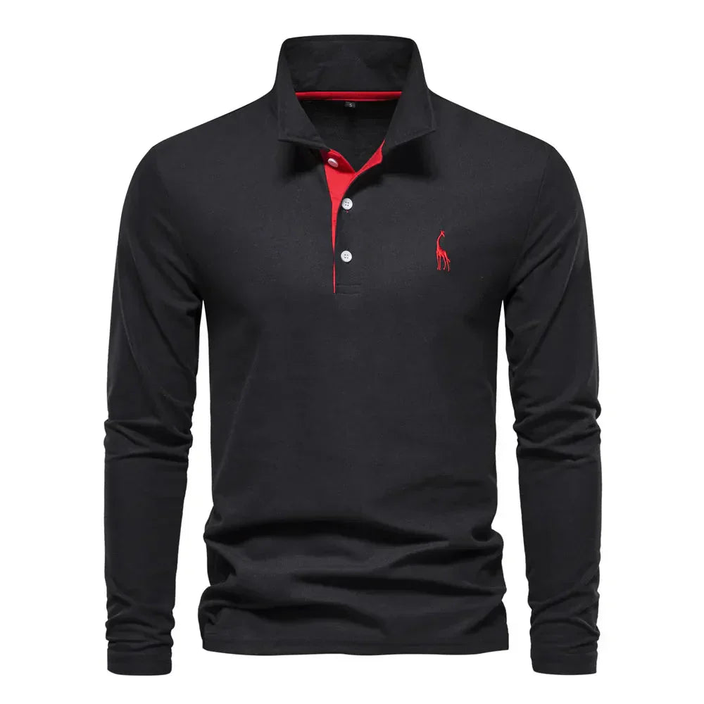 "Polo met lange mouwen voor heren, elegant borduursel, klassieke kraag, veelzijdig en comfortabel in marineblauw."