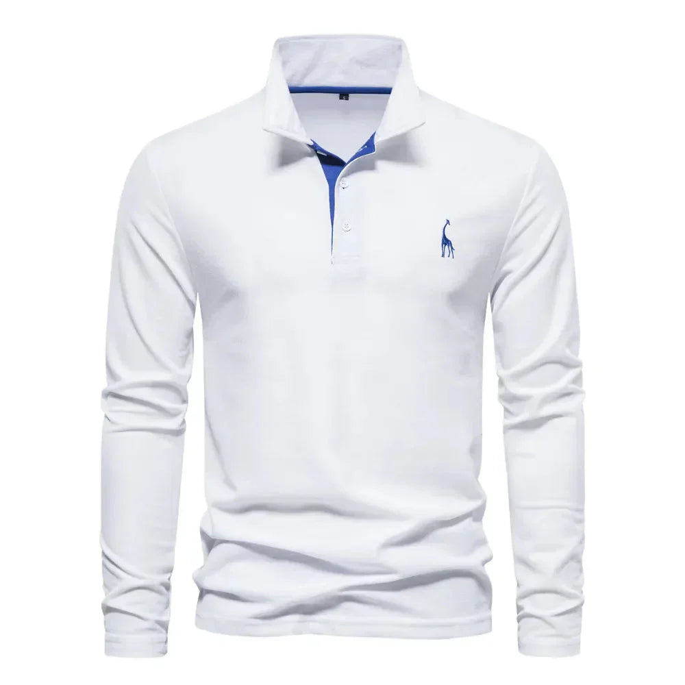 "Polo met lange mouwen voor heren, elegant borduursel, klassieke kraag, veelzijdig en comfortabel in marineblauw."