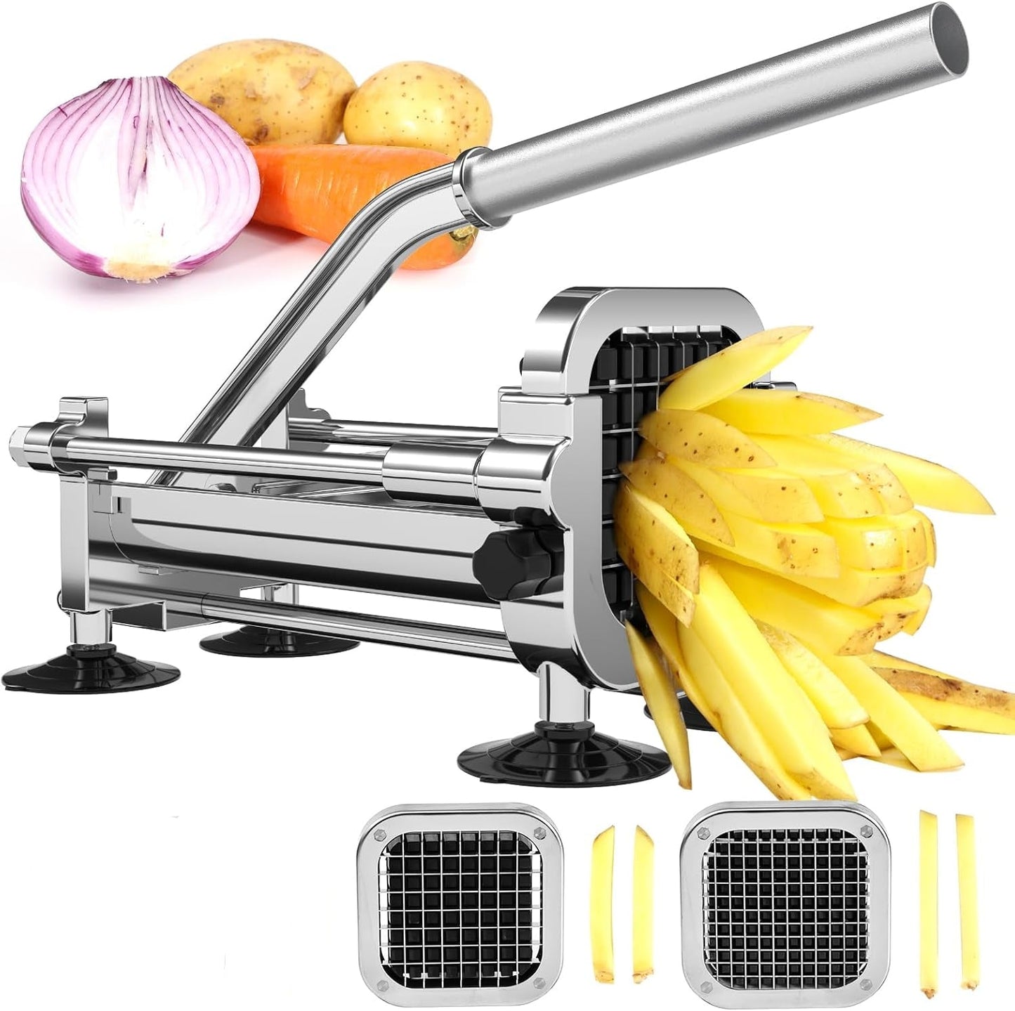 "Premium frietsnijder van duurzaam RVS met veelzijdige messen, geschikt voor aardappelen en groenten in de keuken."