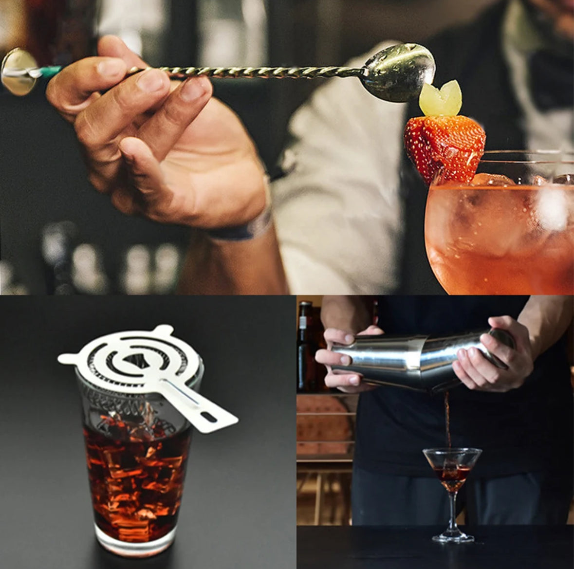 "Professionele 23-delige bartenderset van roestvrij staal, inclusief shaker, jigger en zeef, glanzend op een witte achtergron