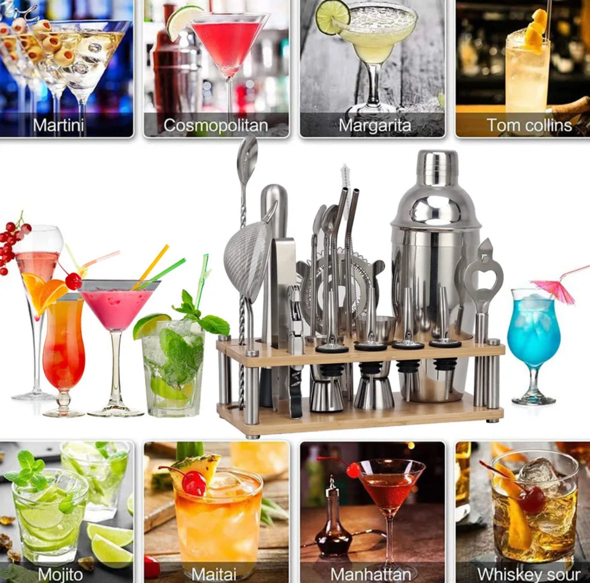 "Professionele 23-delige bartenderset van roestvrij staal, inclusief shaker, jigger en zeef, glanzend op een witte achtergron
