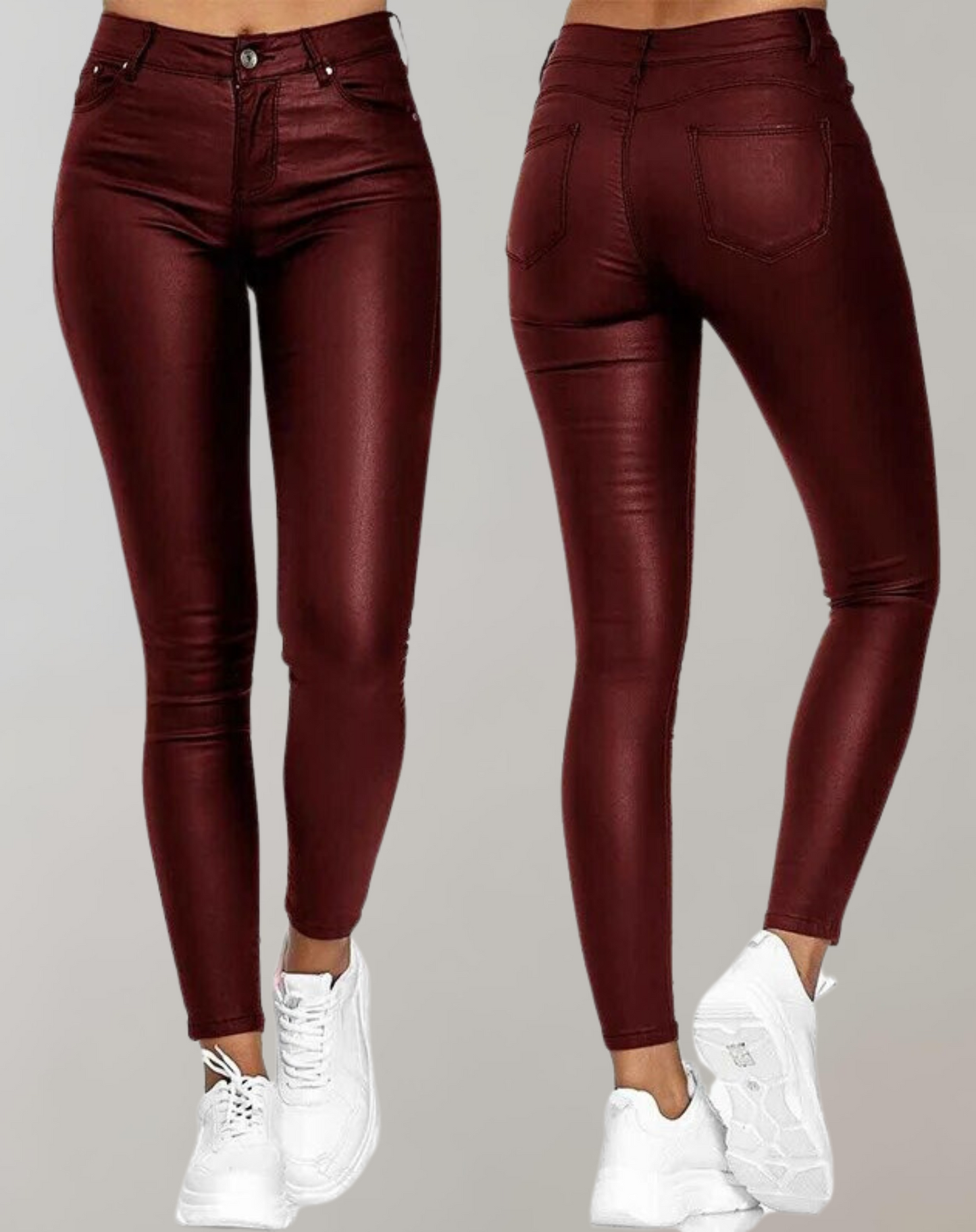 "PU-leer high-waist skinny broek voor dames; elegante look, frontaal aanzicht, hoge taille en smalle pasvorm."