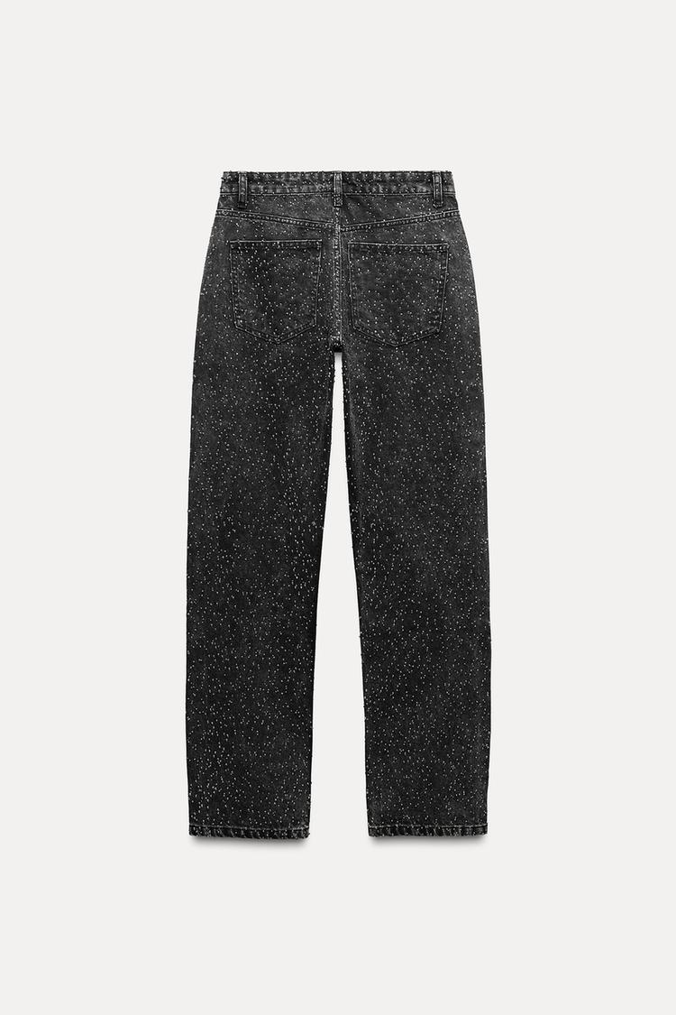 Rechte high-waist jeans, vintage look, lichtblauw, met glitterdetails en rechte pasvorm, ideale trendy damesbroek.