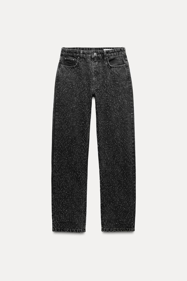 Rechte high-waist jeans, vintage look, lichtblauw, met glitterdetails en rechte pasvorm, ideale trendy damesbroek.