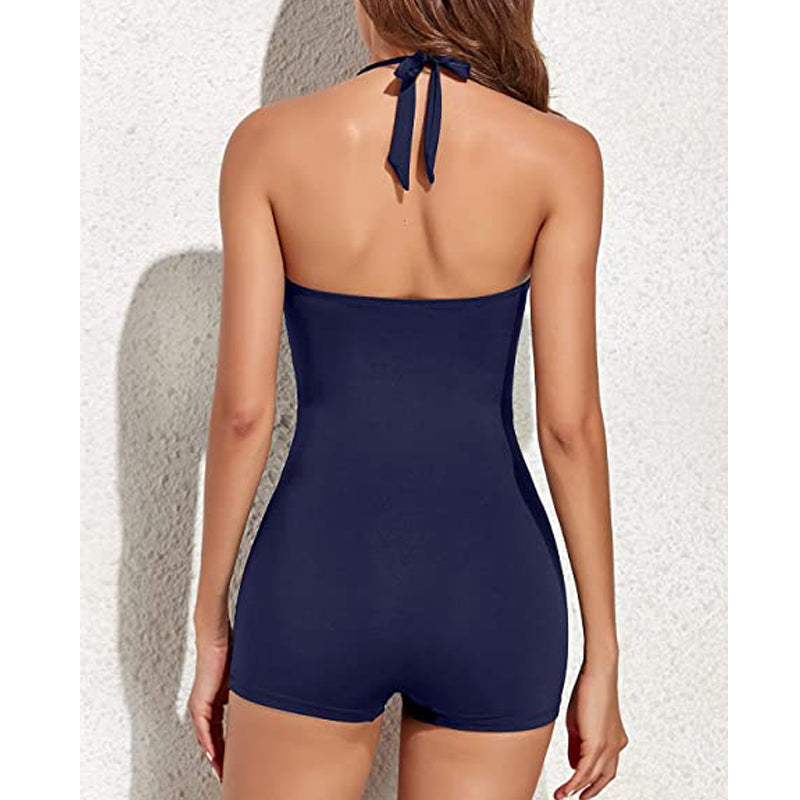 "Retro badpak met halternek, sweetheart halslijn en ingebouwde shorts, elegante vintage look, vrouwen zwemkleding."