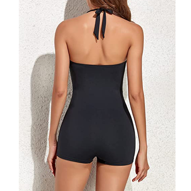 "Retro badpak met halternek, sweetheart halslijn en ingebouwde shorts, elegante vintage look, vrouwen zwemkleding."