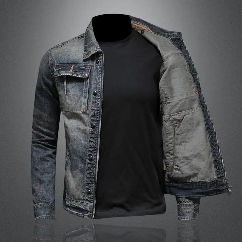 "Retro denim jack voor mannen, stoer ontwerp, stevige knoopsluiting, klassiek blauw, ideale casual stijl."