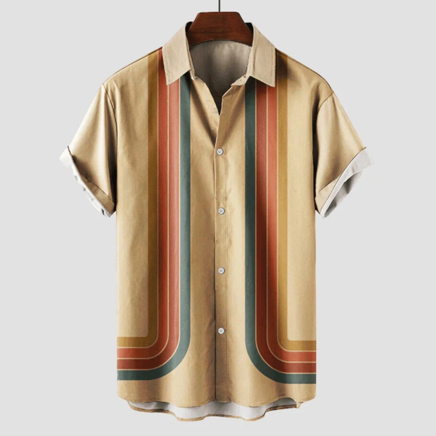 "Retro gestreept herenoverhemd met korte mouwen, luchtige stof, en tijdloze uitstraling, ideaal voor zomerse casual gelegenhe