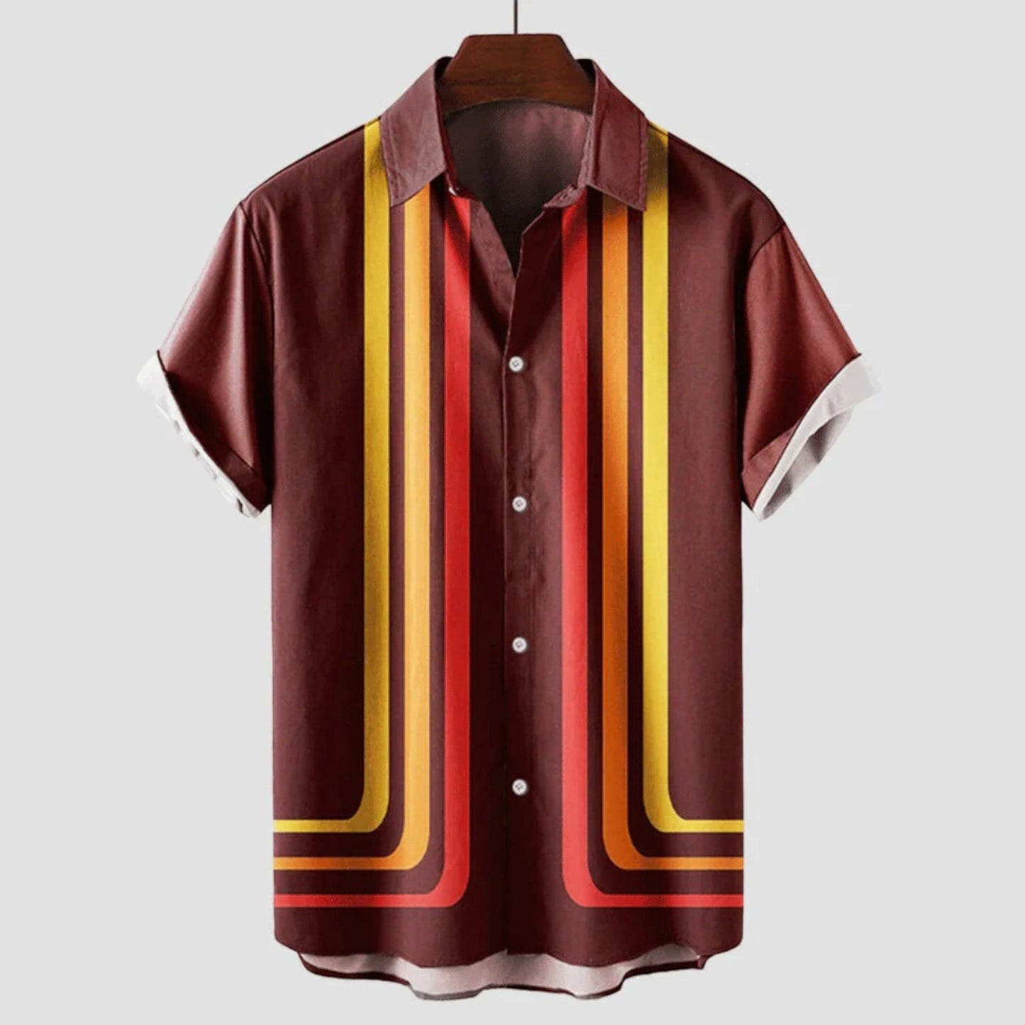 "Retro gestreept herenoverhemd met korte mouwen, luchtige stof, en tijdloze uitstraling, ideaal voor zomerse casual gelegenhe