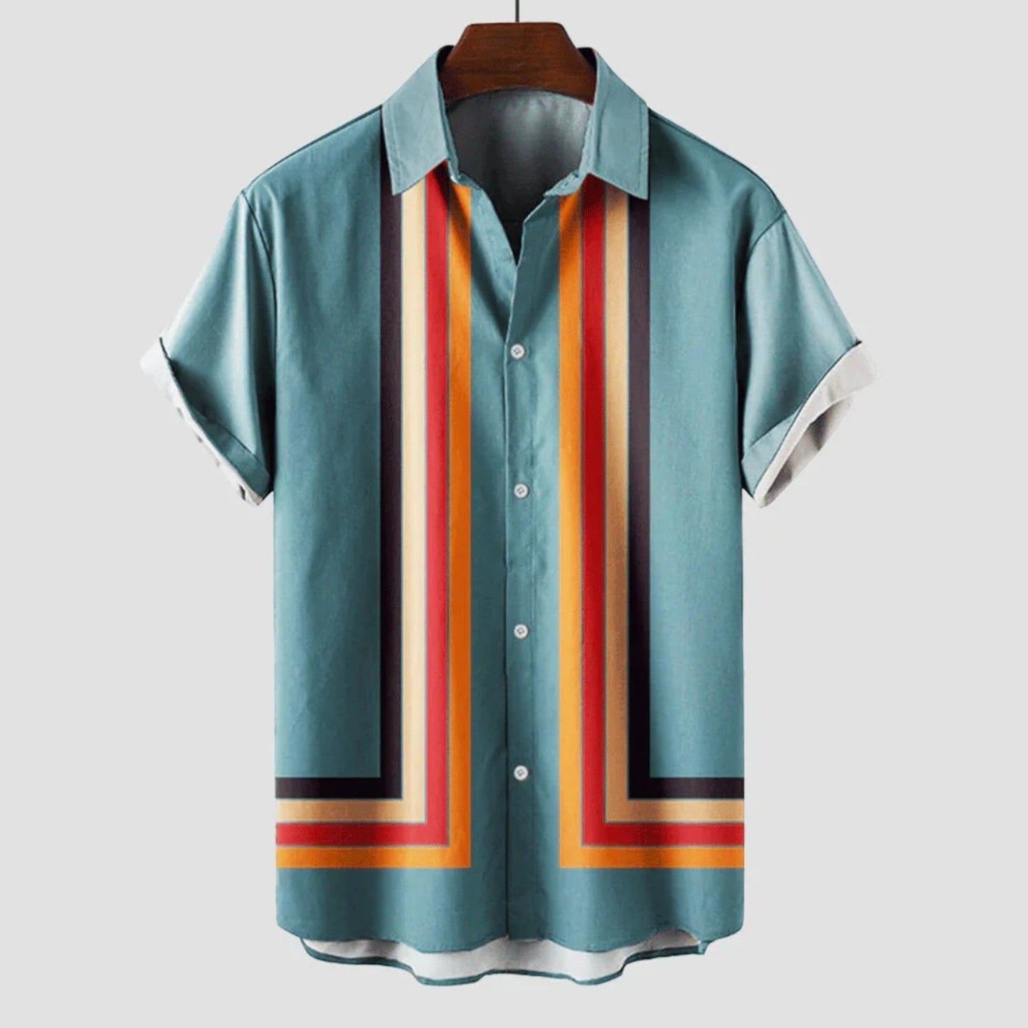 "Retro gestreept herenoverhemd met korte mouwen, luchtige stof, en tijdloze uitstraling, ideaal voor zomerse casual gelegenhe
