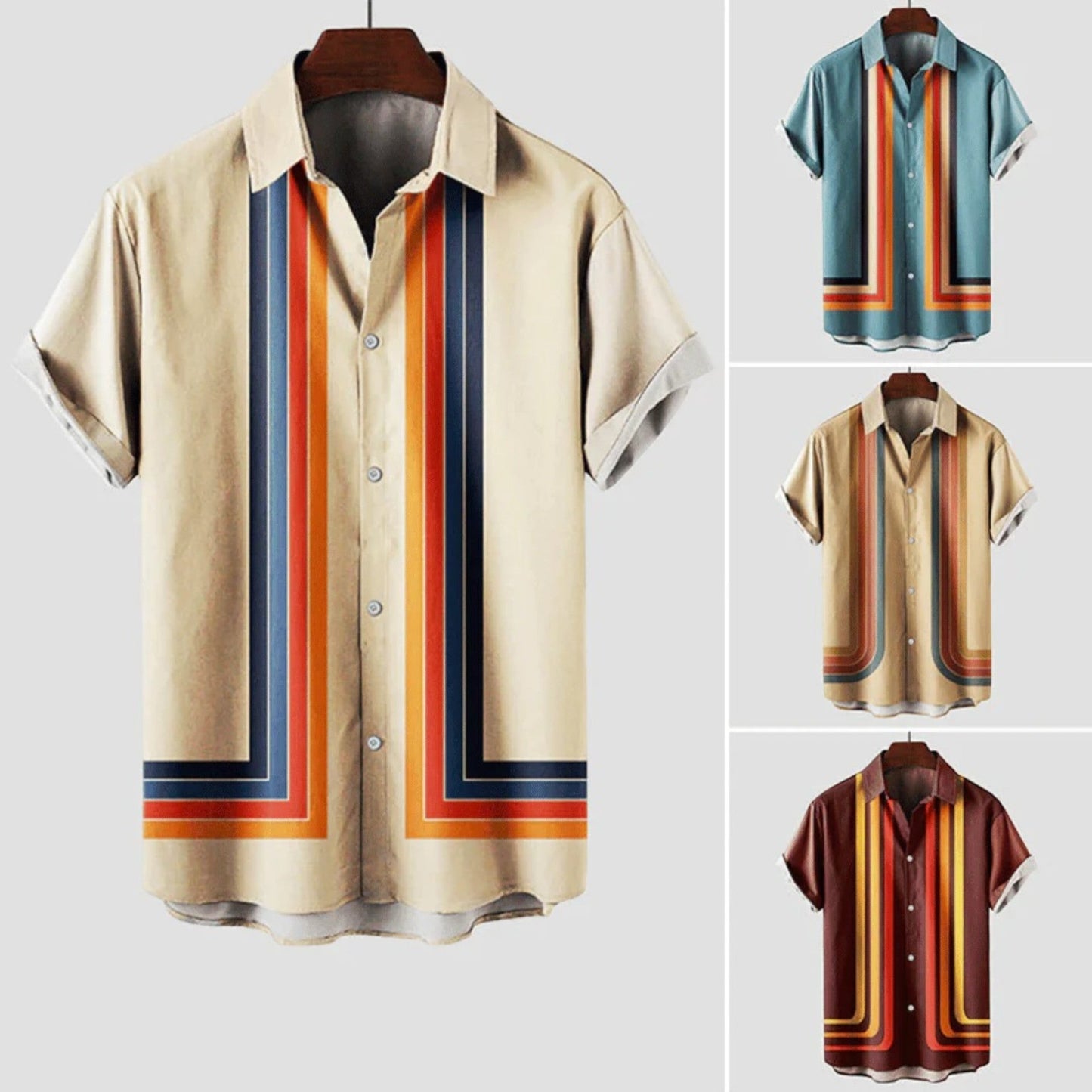 "Retro gestreept herenoverhemd met korte mouwen, luchtige stof, en tijdloze uitstraling, ideaal voor zomerse casual gelegenhe