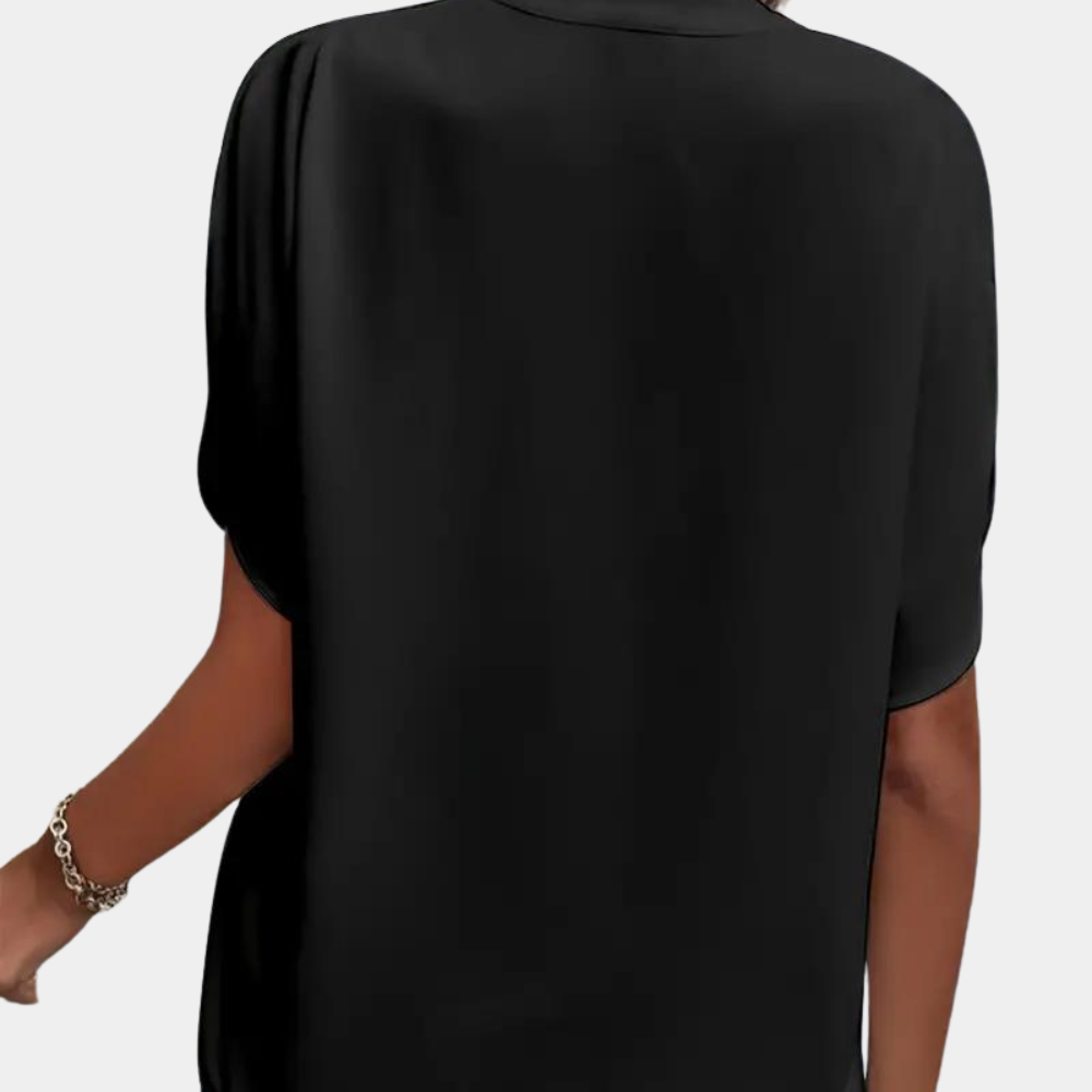 "Roze effen dames V-hals blouse met korte mouwen, stijlvolle en veelzijdige top voor zowel zakelijke als casual outfits"