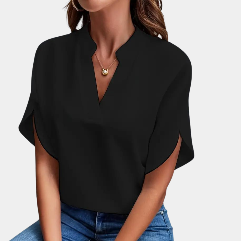 "Roze effen dames V-hals blouse met korte mouwen, stijlvolle en veelzijdige top voor zowel zakelijke als casual outfits"