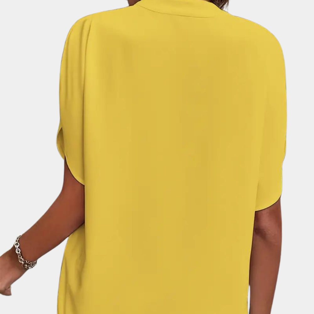 "Roze effen dames V-hals blouse met korte mouwen, stijlvolle en veelzijdige top voor zowel zakelijke als casual outfits"