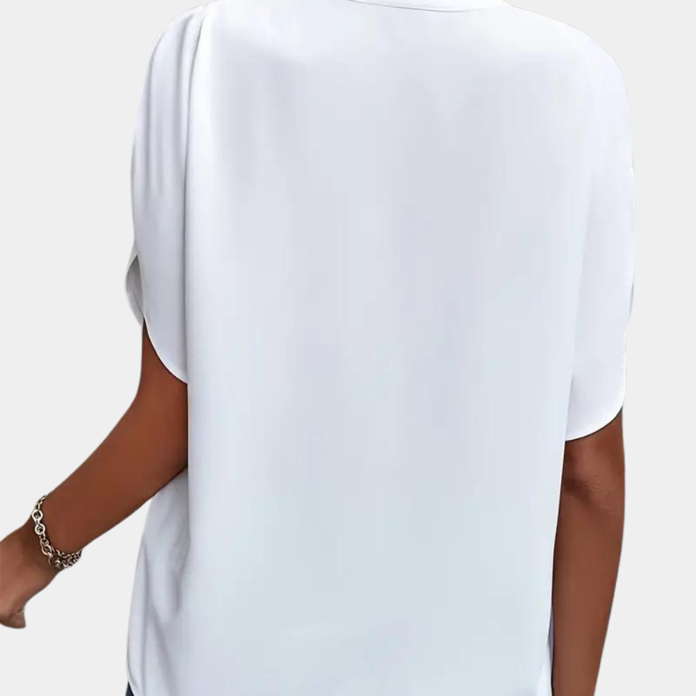 "Roze effen dames V-hals blouse met korte mouwen, stijlvolle en veelzijdige top voor zowel zakelijke als casual outfits"