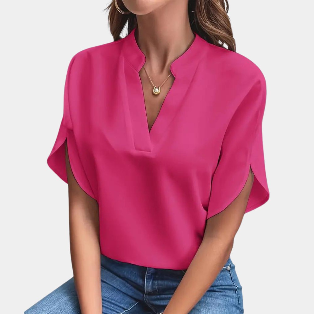 "Roze effen dames V-hals blouse met korte mouwen, stijlvolle en veelzijdige top voor zowel zakelijke als casual outfits"