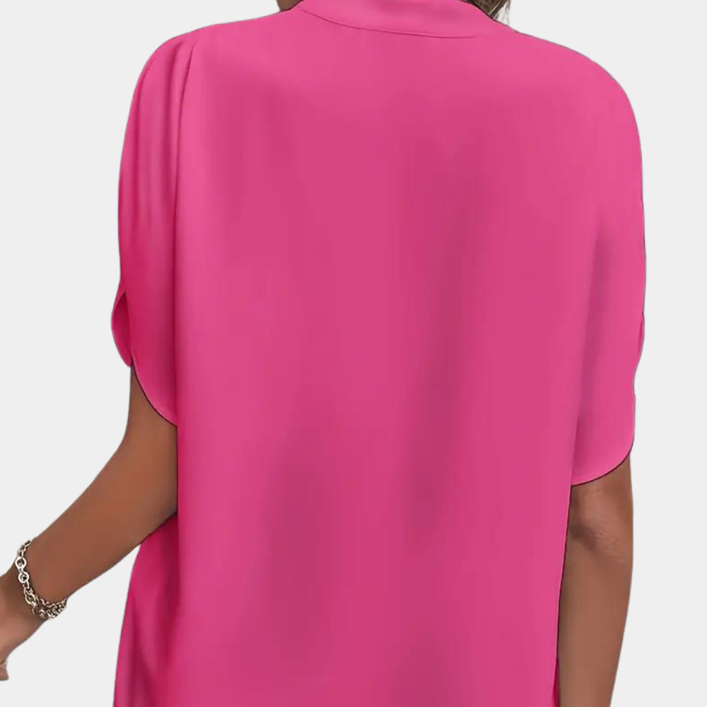 "Roze effen dames V-hals blouse met korte mouwen, stijlvolle en veelzijdige top voor zowel zakelijke als casual outfits"