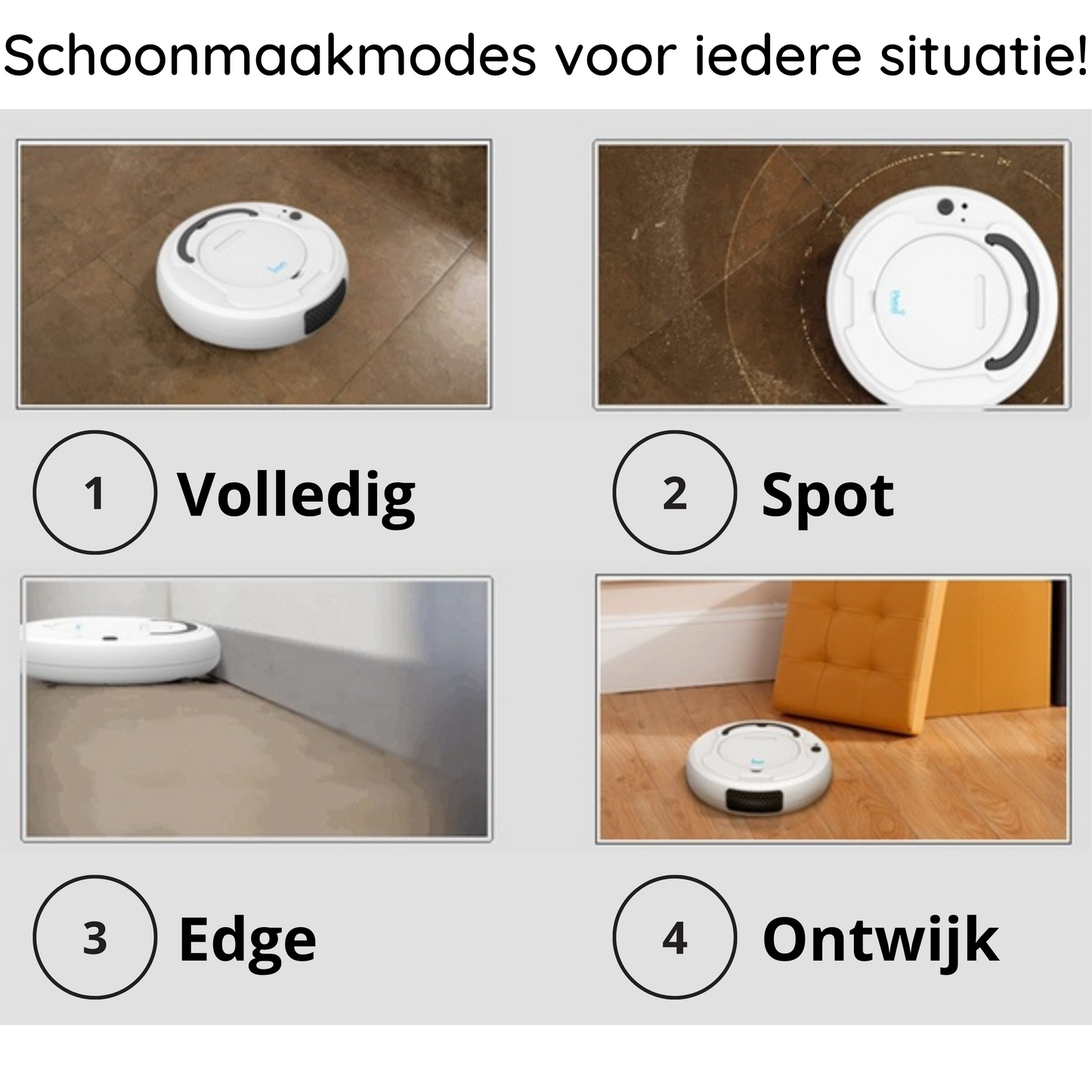 "RS-3000 robot stofzuiger, zilvergrijs, 3-in-1 slim ontwerp op houten vloer met reinigingsaccessoires"