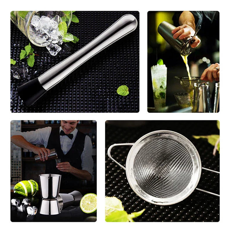"RVS cocktailshaker set, 8-delig, met barlepel, muddler, en jigger; ideaal voor professionele en thuisbar gebruik."