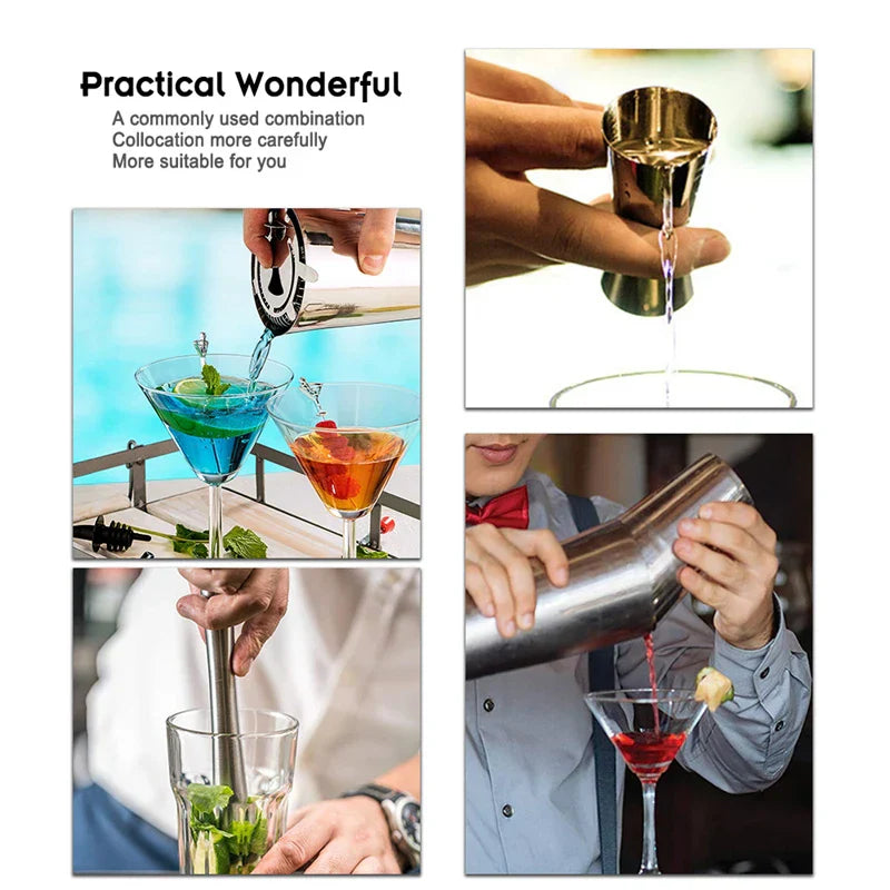 "RVS cocktailshaker set, 8-delig, met barlepel, muddler, en jigger; ideaal voor professionele en thuisbar gebruik."