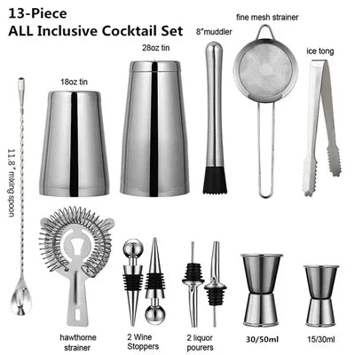 "RVS cocktailshaker set, 8-delig, met barlepel, muddler, en jigger; ideaal voor professionele en thuisbar gebruik."