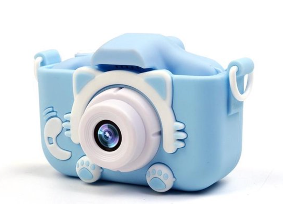 "Schattige blauwe HD mini camera voor kinderen, schokbestendig, 20 MP, en 1080p video-opname, met stevig ontwerp."