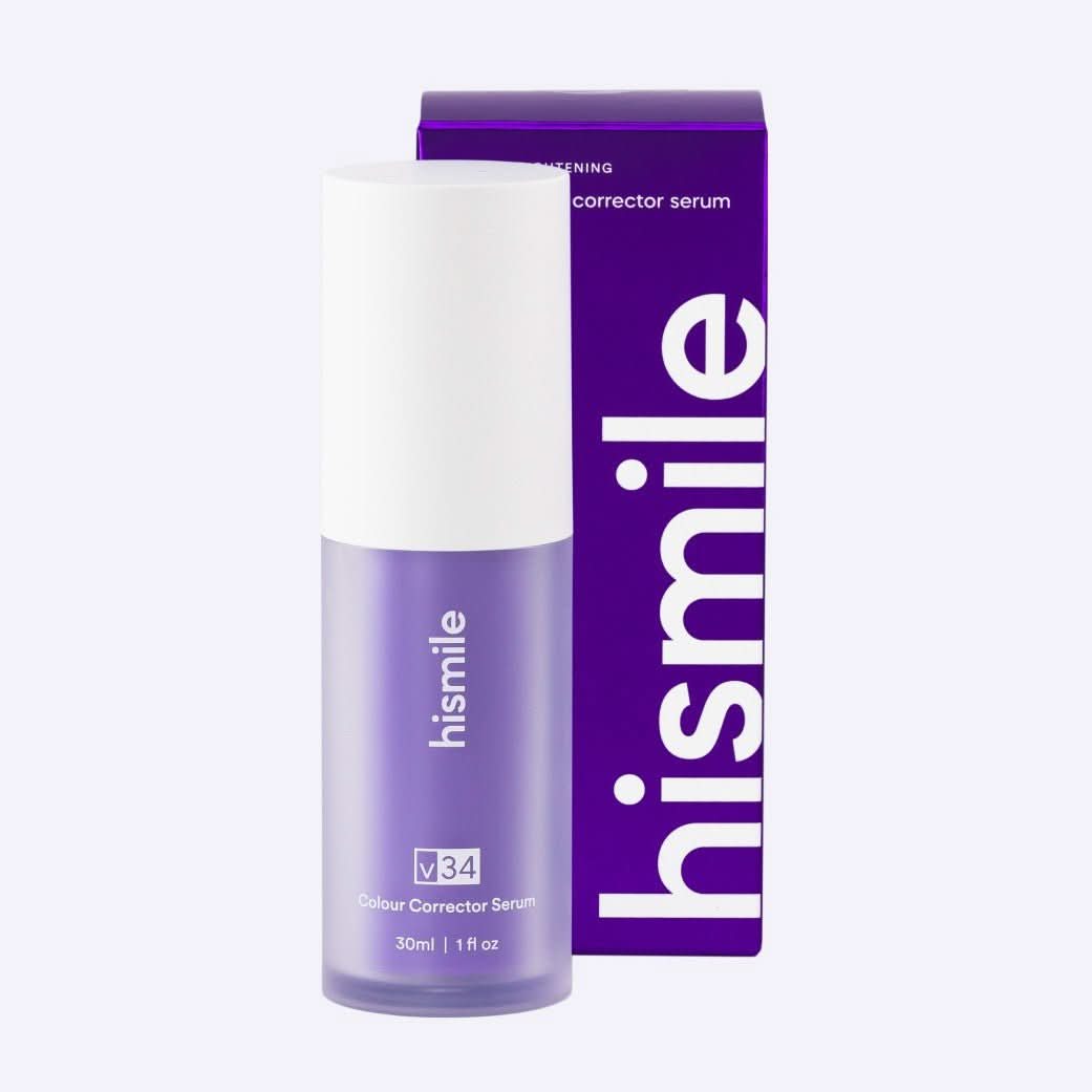 "Serumflacon Hismile V34 Kleur-Corrector voor stralend witte tanden, neutraliseert gele tinten en verheldert glimlach."
