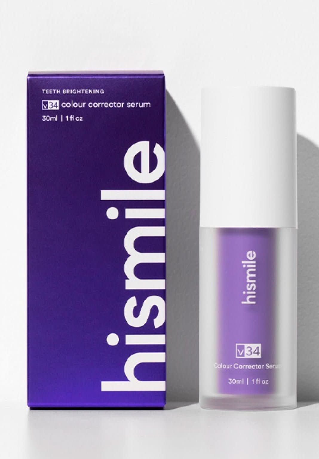 "Serumflacon Hismile V34 Kleur-Corrector voor stralend witte tanden, neutraliseert gele tinten en verheldert glimlach."