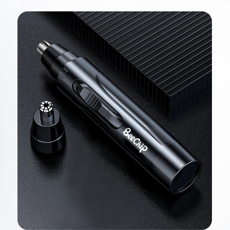 "Slanke, draagbare neus- en oorhaartrimmer, elegant zwart, pijnloos scheren voor mannen en vrouwen, oplaadbaar via USB."