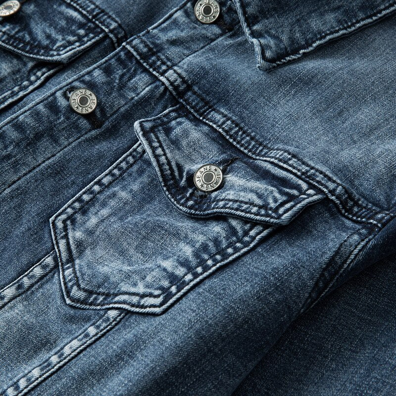 "Slim fit denimjack heren, retro motorstijl, biker look, stretch katoen, turn-down kraag, knoopsluiting, streetwear casual"