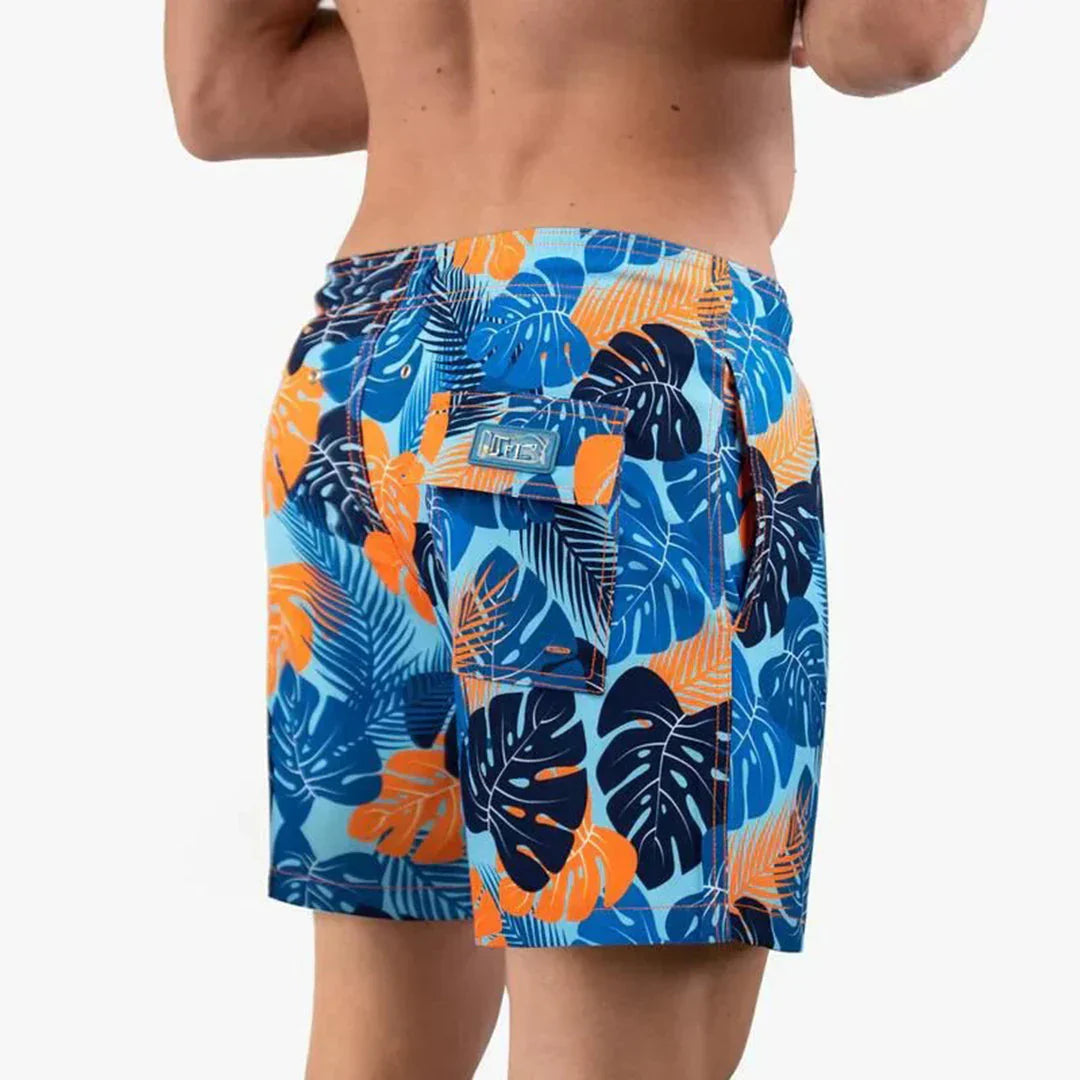 "Sneldrogende heren zwembroek met moderne pasvorm, blauw met elastische taille en trekkoord, stijlvol en comfortabel."