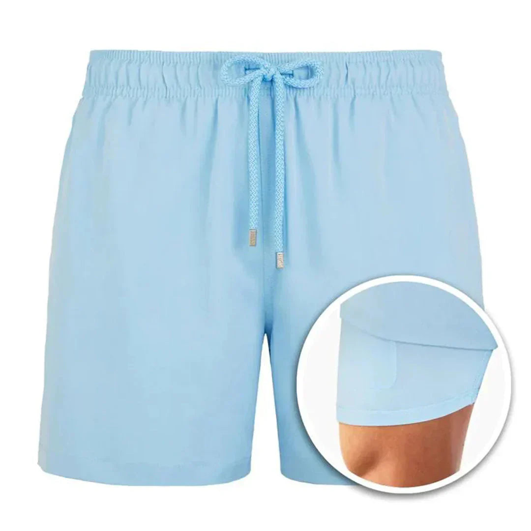 "Sneldrogende heren zwembroek met moderne pasvorm, blauw met elastische taille en trekkoord, stijlvol en comfortabel."