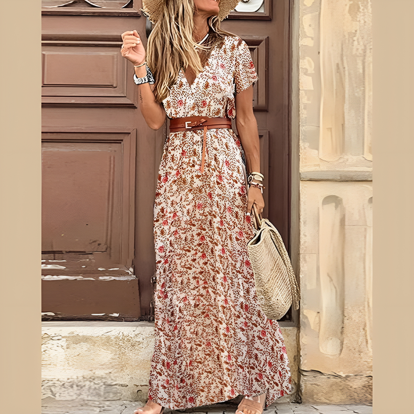 "Sophie bohemian vintage jurk, kleurrijke eclectische print, hoge split, vloeiend silhouet, damesjurk, zomerstijl, zonder mer