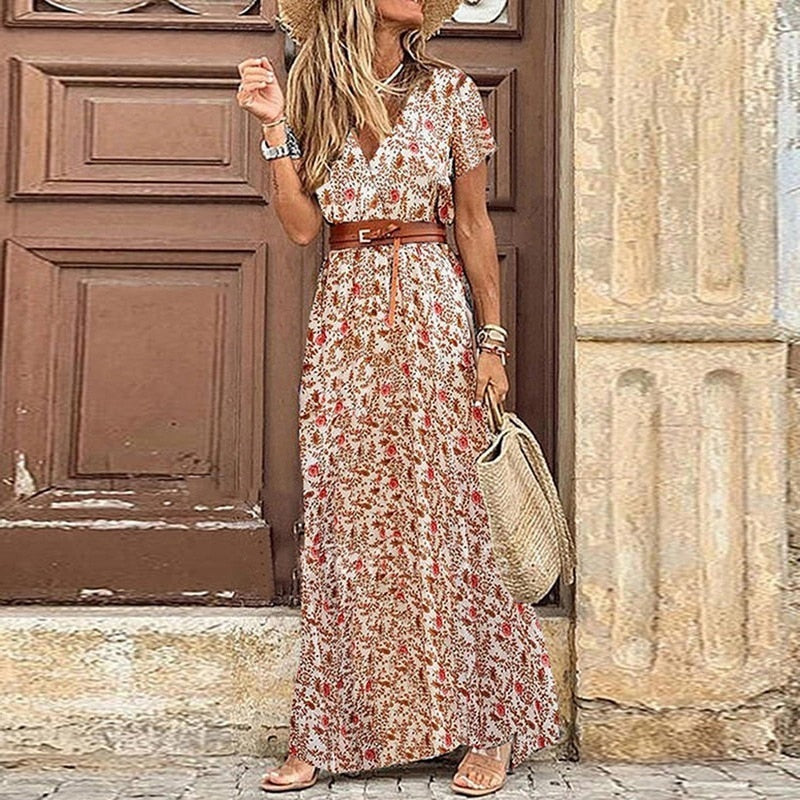 "Sophie bohemian vintage jurk, kleurrijke eclectische print, hoge split, vloeiend silhouet, damesjurk, zomerstijl, zonder mer