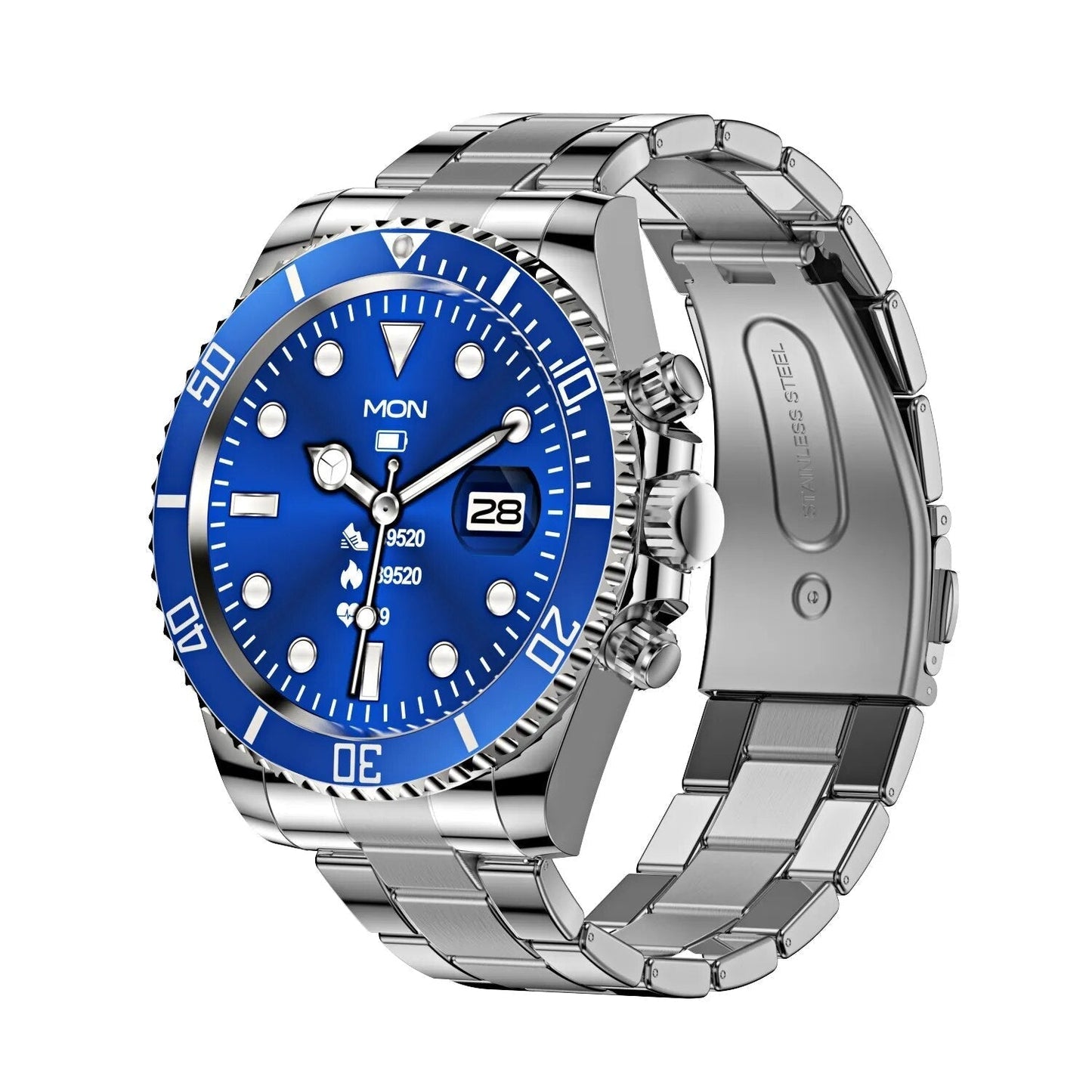 Stalen TimeMaster smartwatch met blauw staal en touchscreen, stijlvol ontwerp voor de moderne man, veelzijdige kleuren.