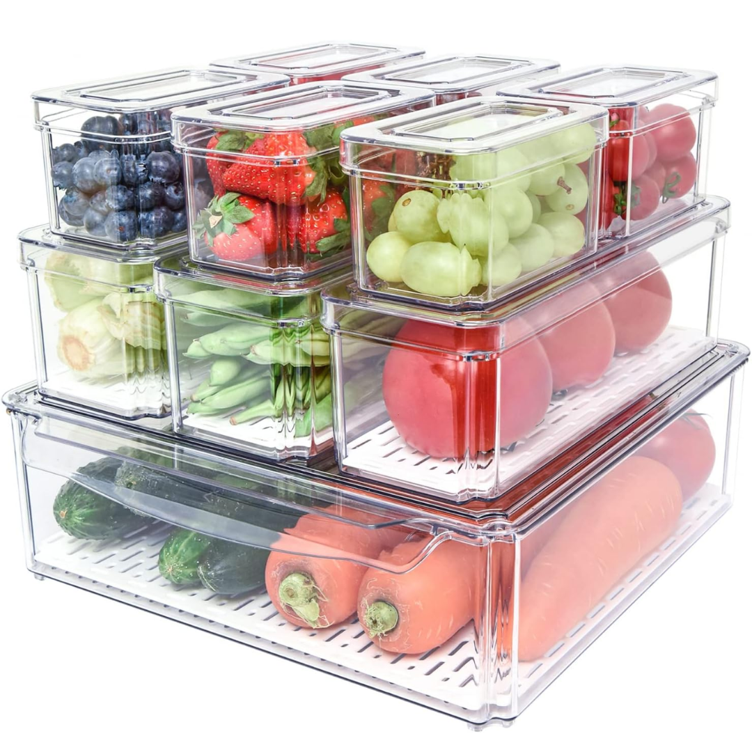 Stapelbare koelkast organizers set, 10 stuks, BPA-vrij, transparant, met deksels voor fruit en groenten, ruimtebesparend.