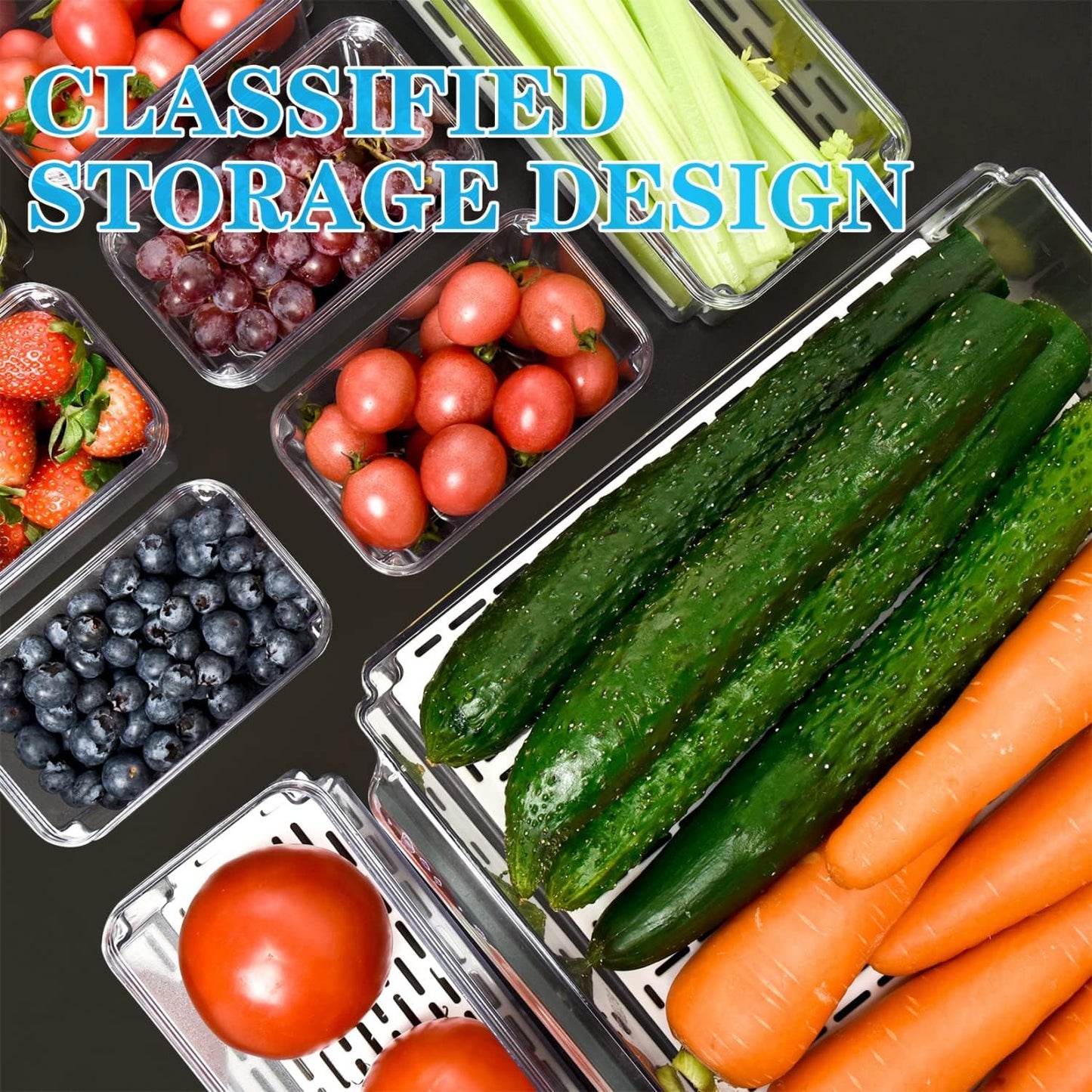Stapelbare koelkast organizers set, 10 stuks, BPA-vrij, transparant, met deksels voor fruit en groenten, ruimtebesparend.