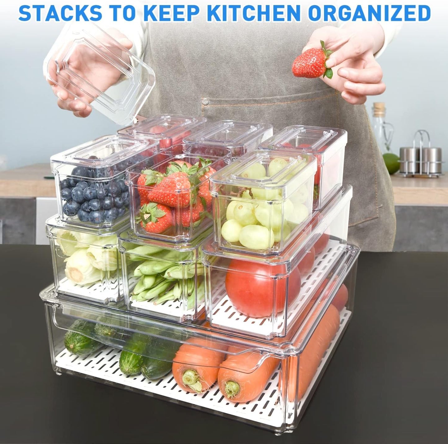 Stapelbare koelkast organizers set, 10 stuks, BPA-vrij, transparant, met deksels voor fruit en groenten, ruimtebesparend.
