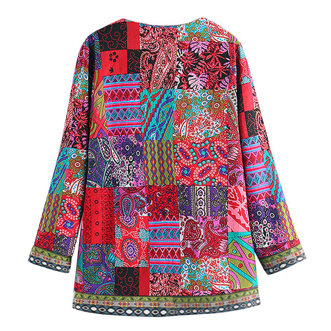 "Stijlvol bohemian lang damesvest met levendig patroon en open voorkant, ideaal voor casual lagen en comfortabel dragen."