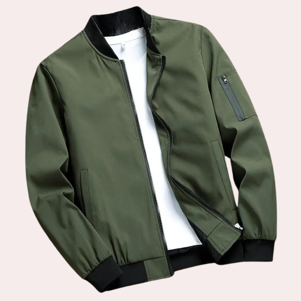 Stijlvol heren bomberjack in olijfgroen, strak slim-fit design met ritssluiting, biedt comfort en veelzijdige combinatieoptie