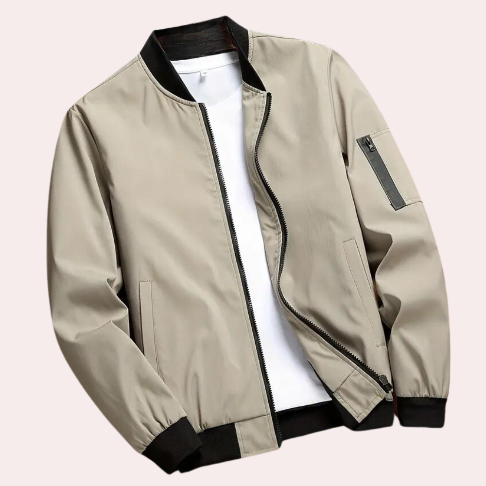 Stijlvol heren bomberjack in olijfgroen, strak slim-fit design met ritssluiting, biedt comfort en veelzijdige combinatieoptie
