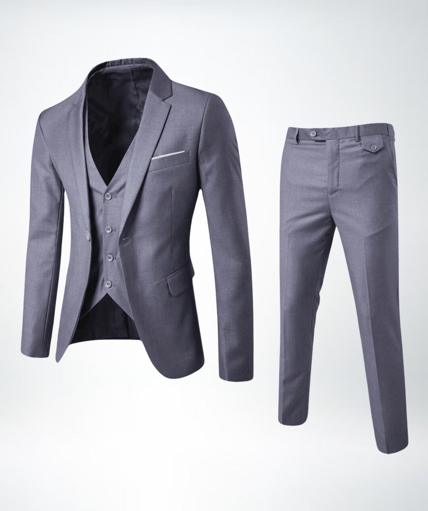 "Stijlvol heren driedelig pak met klassiek silhouet, grijsblauw, verfijnd design voor formele en semi-casual gelegenheden."
