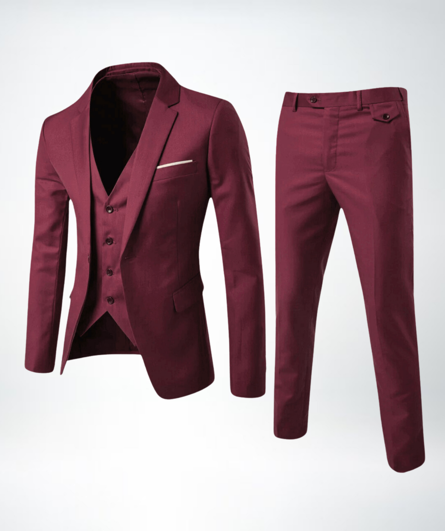 "Stijlvol heren driedelig pak met klassiek silhouet, grijsblauw, verfijnd design voor formele en semi-casual gelegenheden."