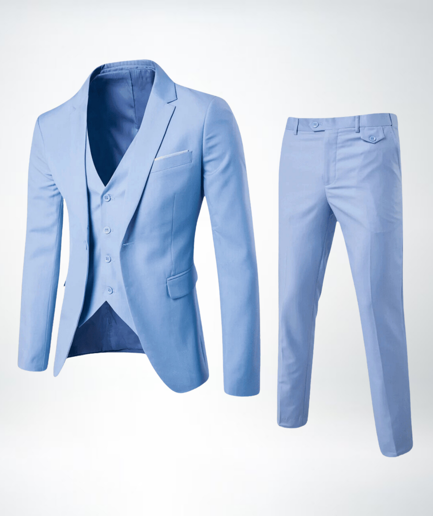 "Stijlvol heren driedelig pak met klassiek silhouet, grijsblauw, verfijnd design voor formele en semi-casual gelegenheden."