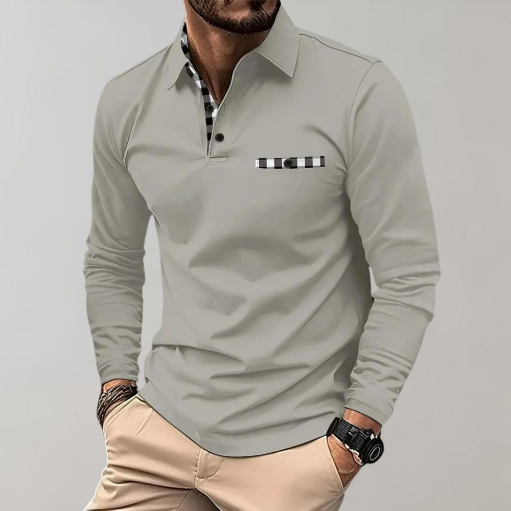 Stijlvol heren poloshirt met lange mouwen in marineblauw, zilvergrijs en zwart voor comfort en veelzijdige uitstraling.