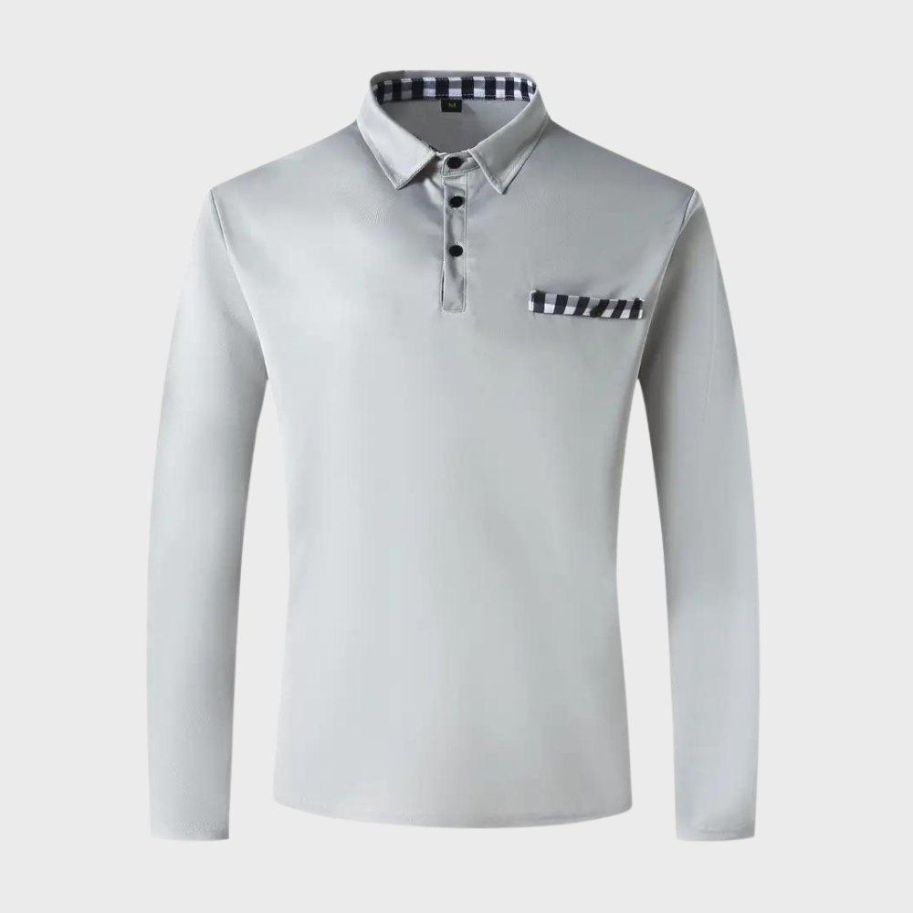 Stijlvol heren poloshirt met lange mouwen in marineblauw, zilvergrijs en zwart voor comfort en veelzijdige uitstraling.